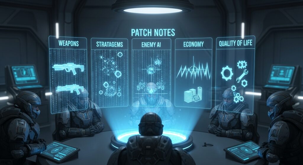 Helldivers mission briefing hologram showing five panels for patch note categories: weapons, stratagems, enemy AI, economy, and quality of life.