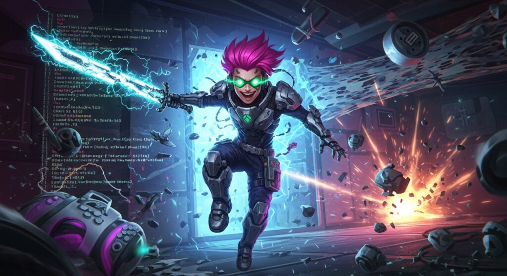 Gamer character exploiting glitches and breaking game mechanics, symbolizing intentional disruption in gameplay.