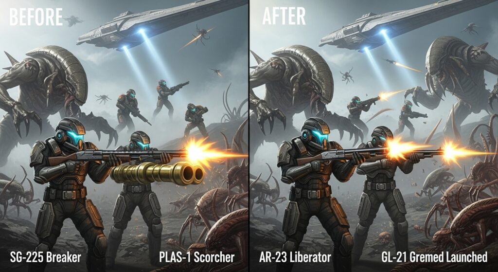 Helldivers squad in battle showing before-and-after weapon changes from patch notes, highlighting how small tweaks shift the meta.
