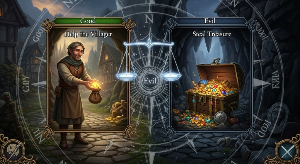 Fantasy game decision screen with moral choices between helping a villager or stealing treasure, symbolizing ethics in game design.