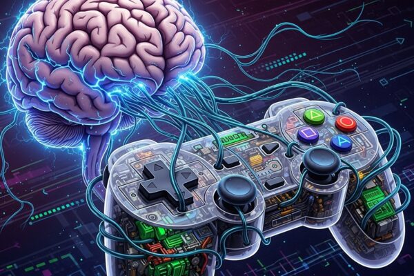 Illustration of human brain connected to video game controller, symbolizing the psychology of game design