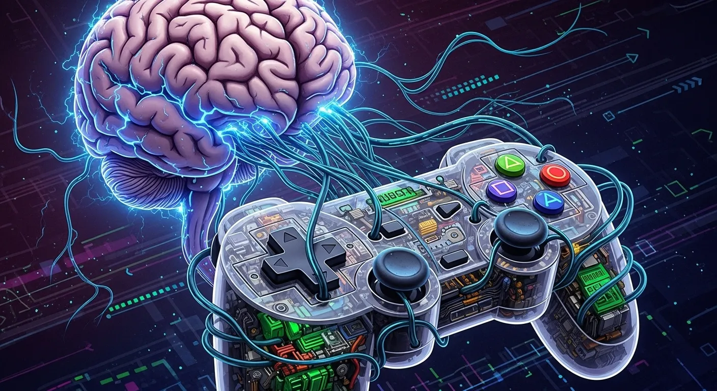 Illustration of human brain connected to video game controller, symbolizing the psychology of game design