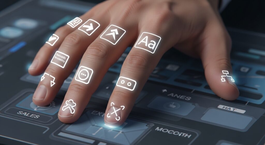 Hand with glowing UX design icons tattooed on the skin, symbolizing essential user experience rules in game design.