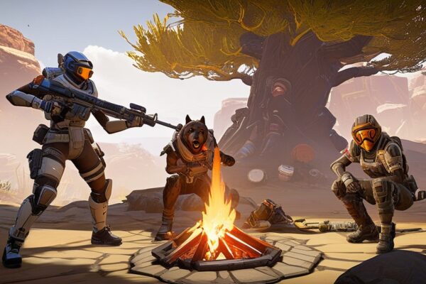 A dynamic Apex Legends scene showcasing the latest meta update with a diverse squad of legends strategizing on the battlefield, surrounded by vibrant landscapes and new weaponry enhancements.