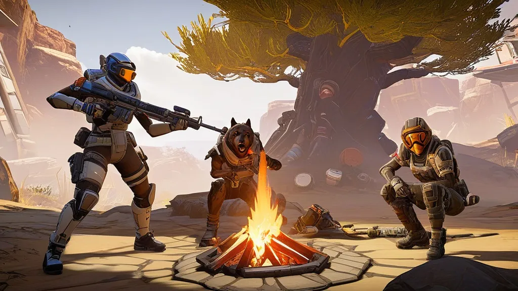 A dynamic Apex Legends scene showcasing the latest meta update with a diverse squad of legends strategizing on the battlefield, surrounded by vibrant landscapes and new weaponry enhancements.
