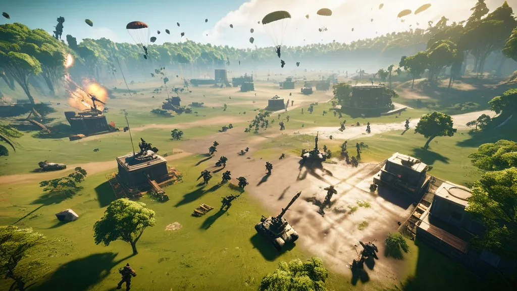 A group of diverse gamers intensely focused on screens, with a vibrant digital battlefield map displayed, illustrating the latest strategies in the battle royale meta.