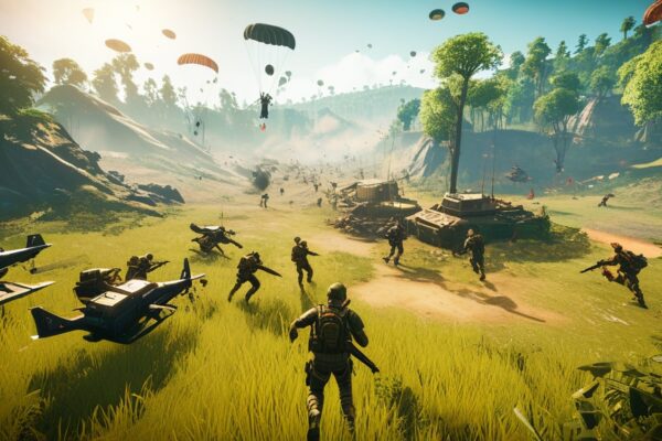 Epic battlefield scene with diverse characters showcasing the latest battle royale meta strategies, highlighting advanced weapons, tactical gear, and dynamic environmental features.