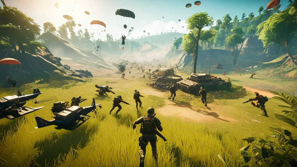 Epic battlefield scene with diverse characters showcasing the latest battle royale meta strategies, highlighting advanced weapons, tactical gear, and dynamic environmental features.