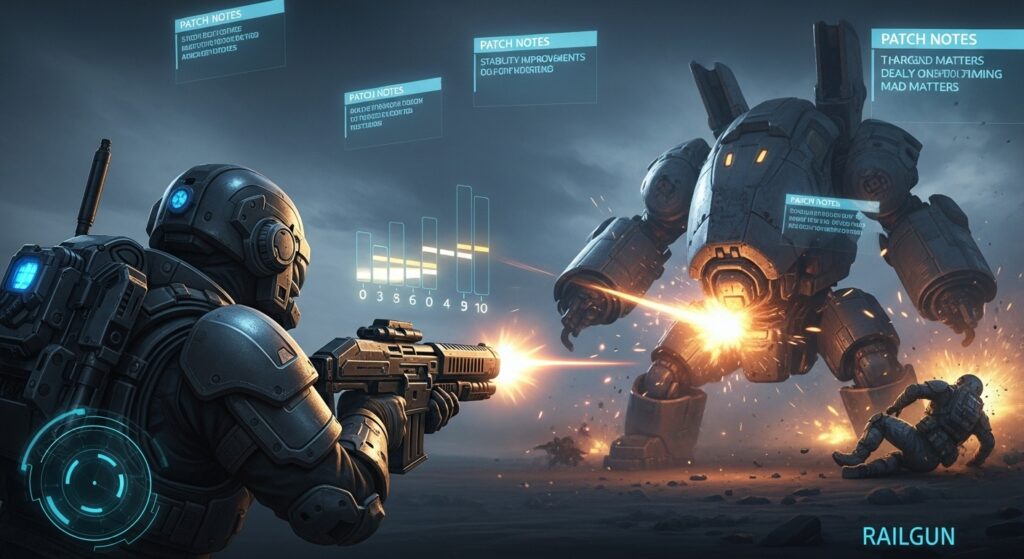 Helldiver aiming Railgun at a Charger with charge timing slightly shifted, while vague patch notes float faintly in the background.