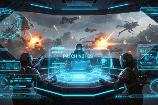 Helldivers soldiers reviewing holographic patch notes in a futuristic command center with battles outside.