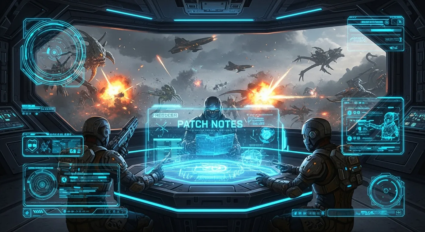Helldivers soldiers reviewing holographic patch notes in a futuristic command center with battles outside.