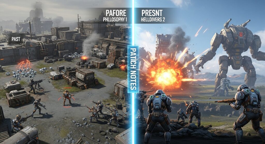 Split-screen showing Helldivers 1’s smaller battles versus Helldivers 2’s larger chaotic fights, connected by glowing patch notes data.