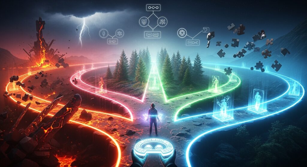 Player at crossroads choosing between chaotic, calm, and abstract paths in a game world, representing autonomy in game design.