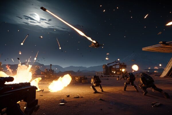 Futuristic gaming setup showcasing the latest Warzone meta 2025 strategies, featuring high-tech weaponry, detailed player stats on a multi-screen display, and a vibrant virtual battlefield in the background.