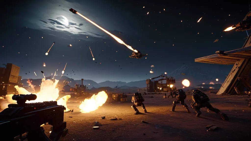 Futuristic gaming setup showcasing the latest Warzone meta 2025 strategies, featuring high-tech weaponry, detailed player stats on a multi-screen display, and a vibrant virtual battlefield in the background.