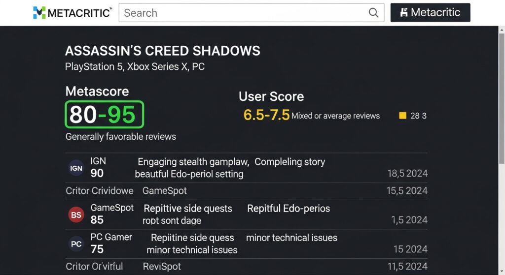 Assassin’s Creed Shadows review scores on Metacritic.
