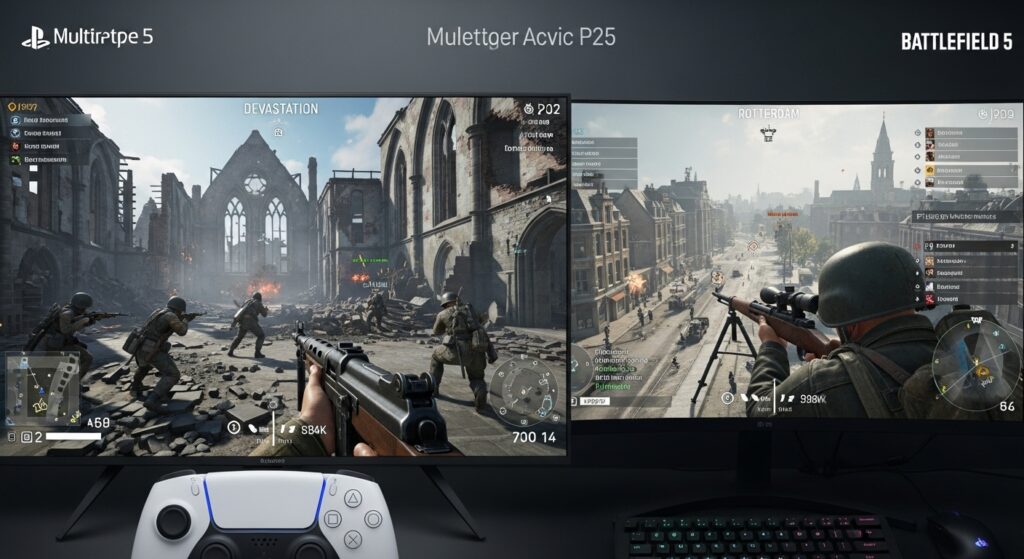 Active Battlefield 5 multiplayer lobbies on PS5 and PC in 2025 showing platform differences.