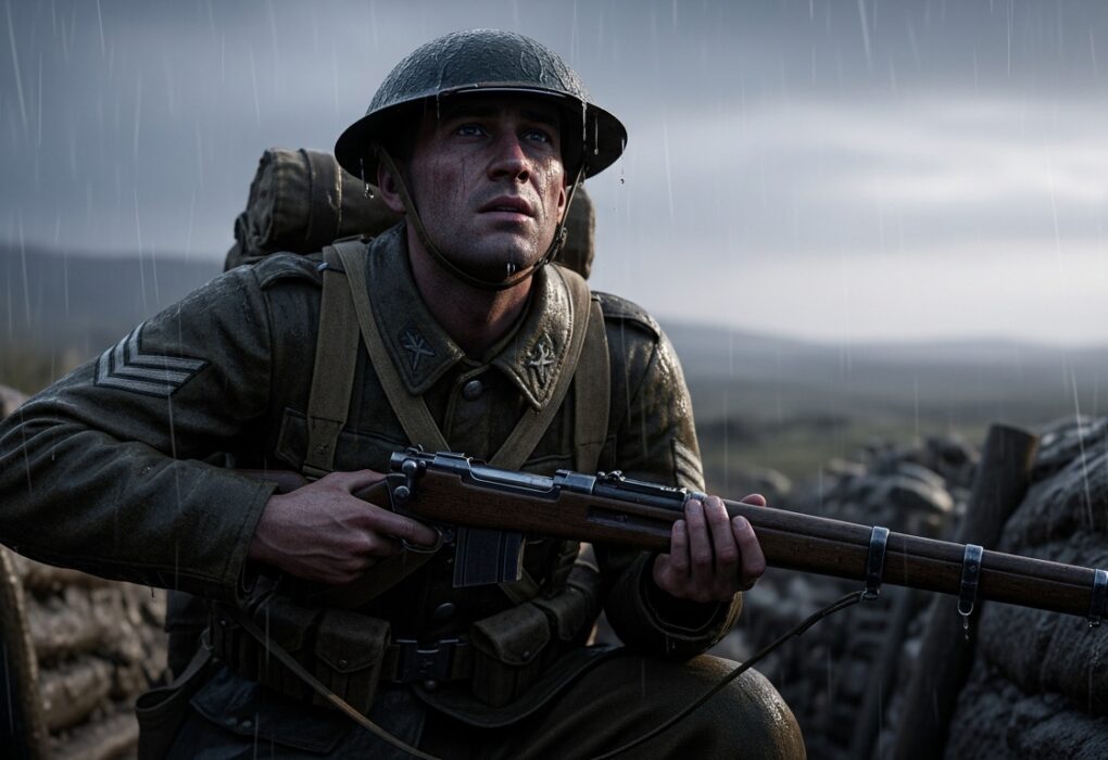 Battlefield 5 soldier kneeling in rain before battle with dramatic sky