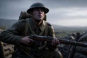 Battlefield 5 soldier kneeling in rain before battle with dramatic sky