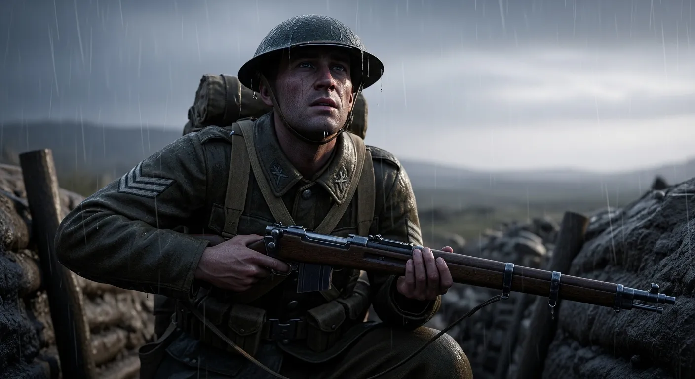 Battlefield 5 soldier kneeling in rain before battle with dramatic sky