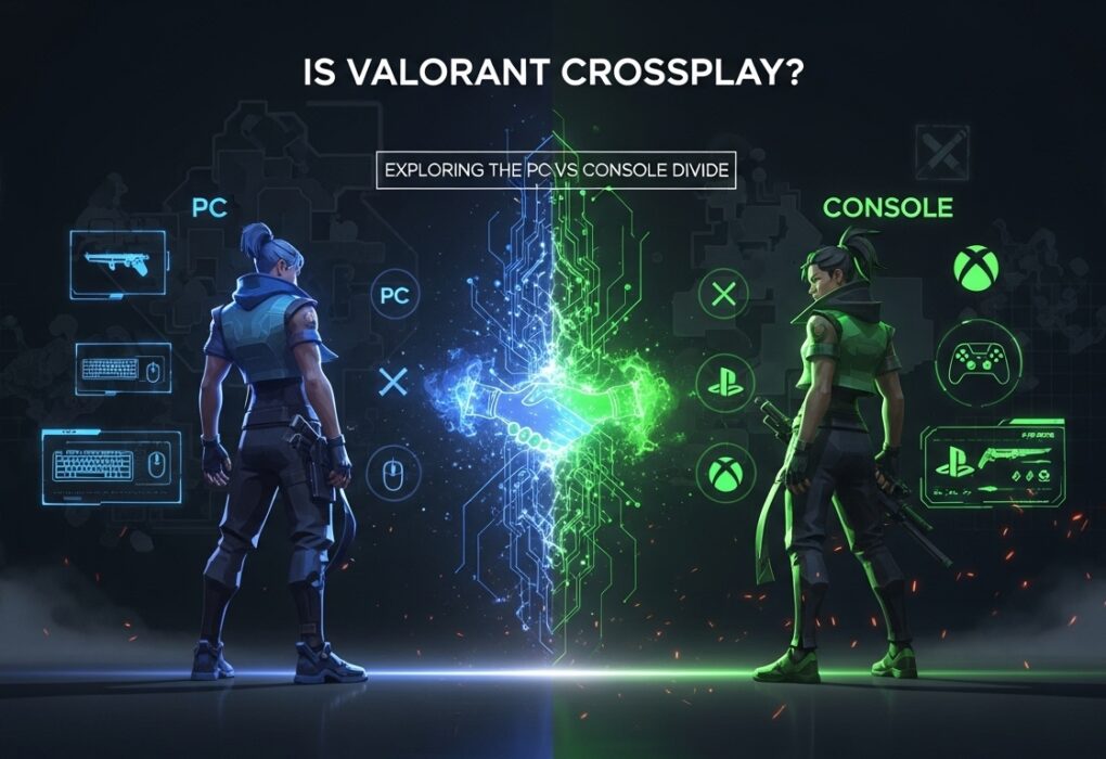 Cinematic Valorant crossplay concept showing PC and console agents divided by a glowing digital barrier with English title text ‘Is Valorant Crossplay?’ above.