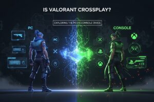 Cinematic Valorant crossplay concept showing PC and console agents divided by a glowing digital barrier with English title text ‘Is Valorant Crossplay?’ above.