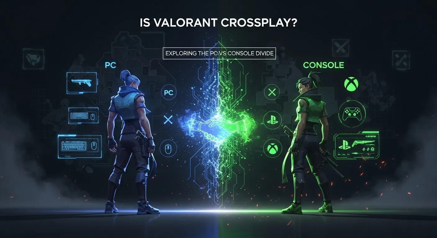 Cinematic Valorant crossplay concept showing PC and console agents divided by a glowing digital barrier with English title text ‘Is Valorant Crossplay?’ above.