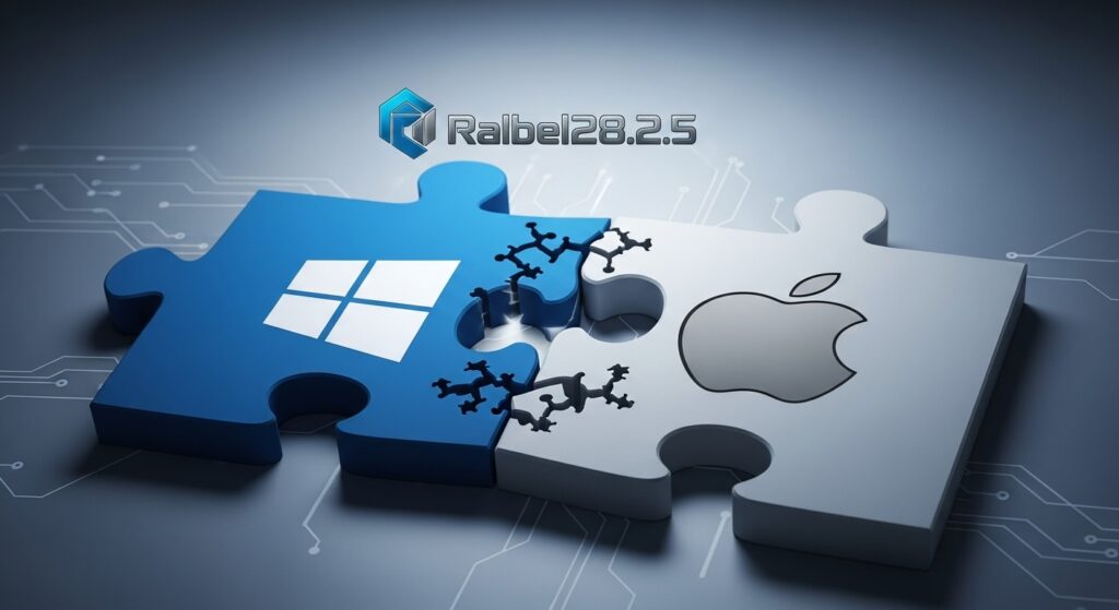 Ralbel28.2.5 compatibility issues illustrated with mismatched Windows and MacOS puzzle pieces.