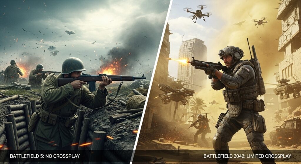 Battlefield 5 without crossplay compared to Battlefield 2042 with limited crossplay support