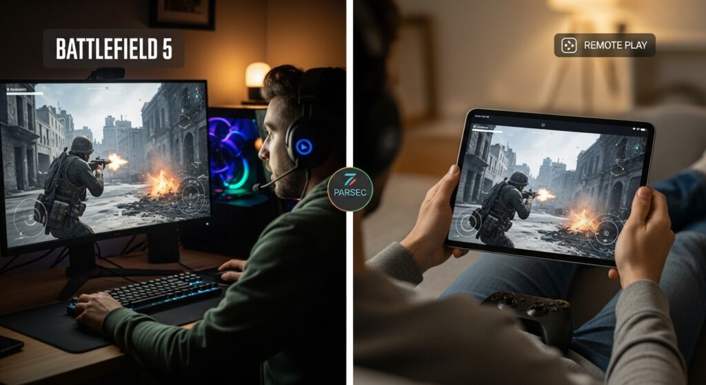 Friends using game streaming apps like Parsec or Remote Play to share Battlefield 5 gameplay across different platforms
