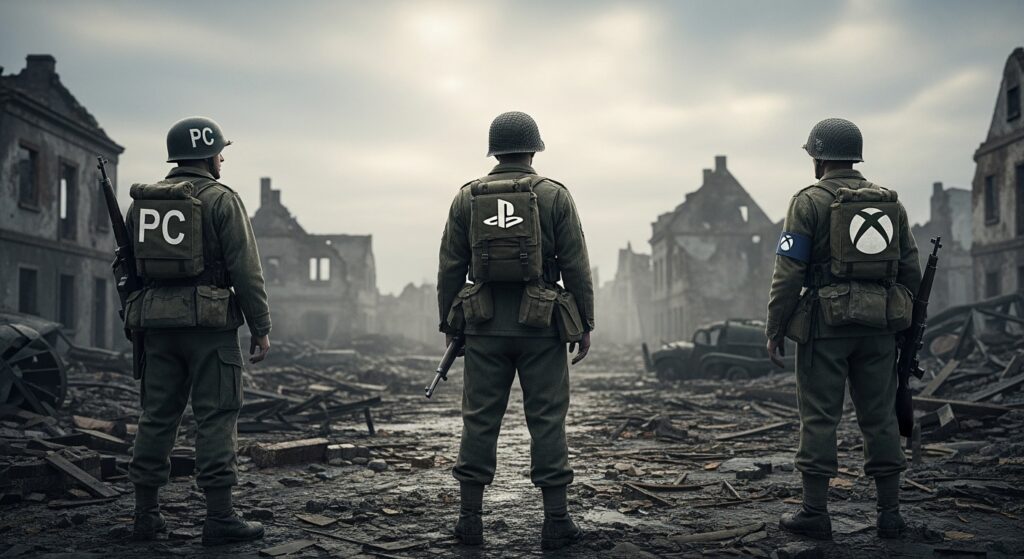 Battlefield 5 soldiers representing players from PC, PlayStation, and Xbox platforms without crossplay.
