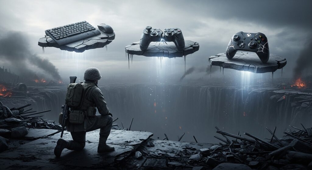 Battlefield 5 soldier looking across broken platforms PC, PlayStation, and Xbox with fading hope for crossplay future