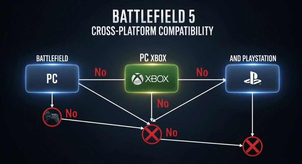 Chart showing Battlefield 5 cross-platform compatibility among PC, Xbox, and PlayStation players.