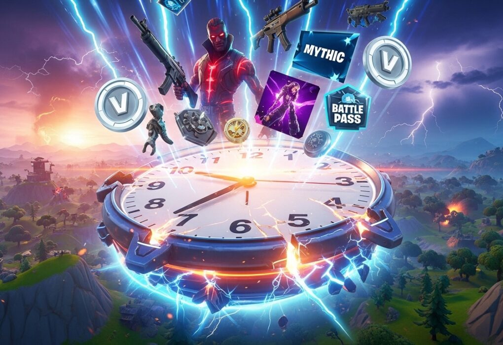 Futuristic Fortnite update clock surrounded by weapons, skins, and stormy biomes, symbolizing chaotic patch changes.