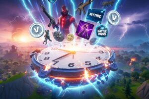 Futuristic Fortnite update clock surrounded by weapons, skins, and stormy biomes, symbolizing chaotic patch changes.