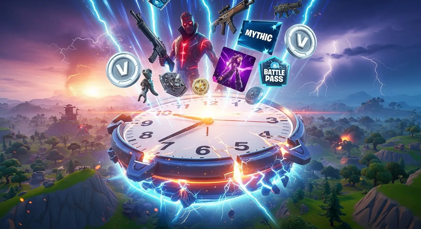 Futuristic Fortnite update clock surrounded by weapons, skins, and stormy biomes, symbolizing chaotic patch changes.