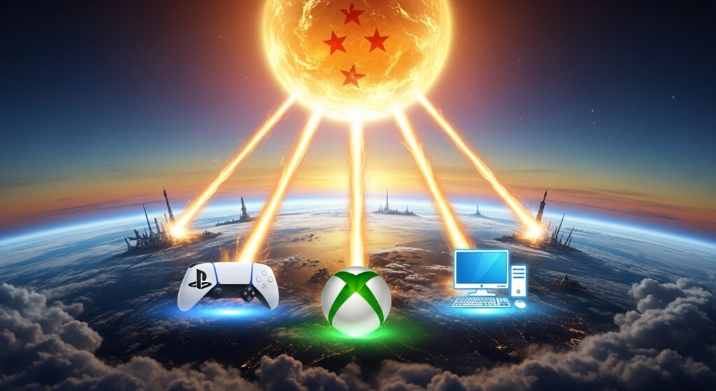 Cinematic depiction of crossplay energy connecting all gaming platforms through the power of Sparking Zero.