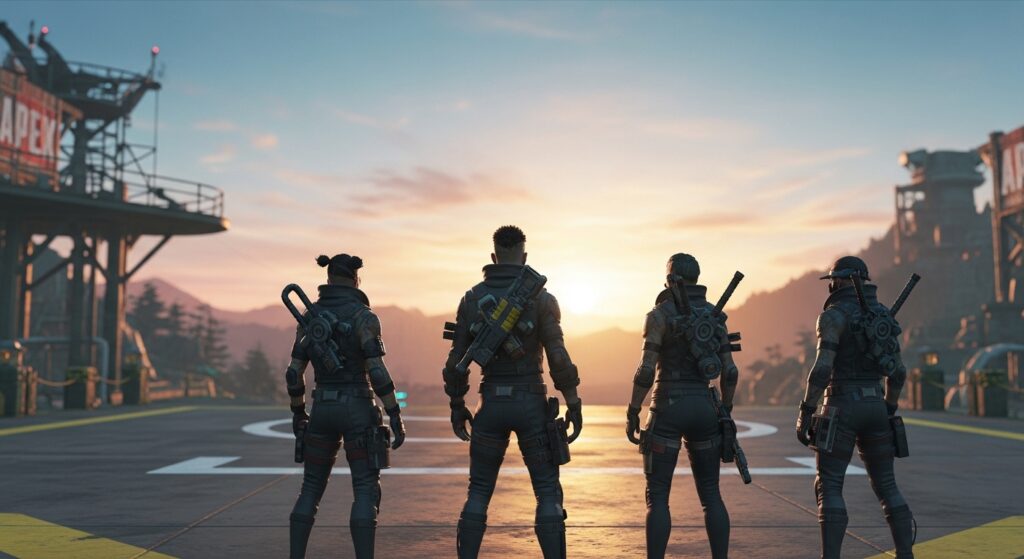 Apex Legends squad viewing drop zone sunset after latest patch.