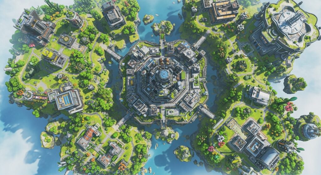 Overhead view of updated Olympus map in Apex Legends Season 21.