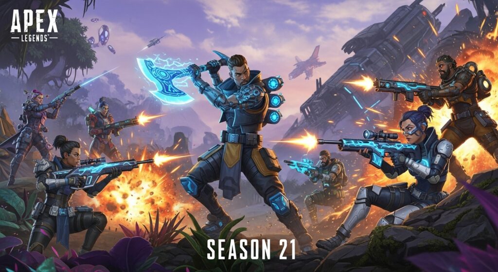 Apex Legends Season 21 banner showing new legends and weapons mid-fight.