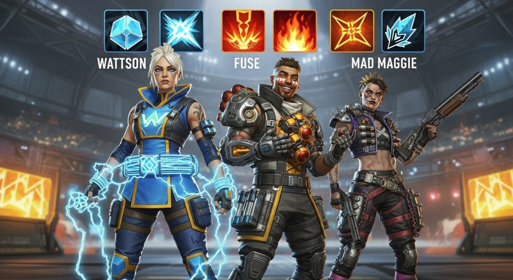 Apex Legends heroes Wattson, Fuse, and Mad Maggie with updated ability icons.