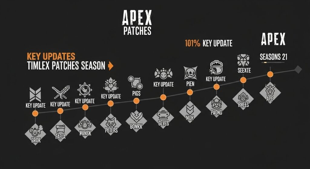 Timeline of Apex Legends patch notes showing game evolution from launch to Season 21.