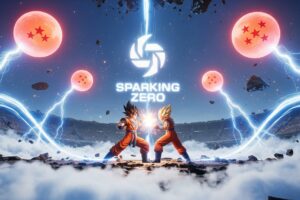 Goku vs Vegeta battle in shattered sky arena with lightning and Unreal Engine 5 effects.