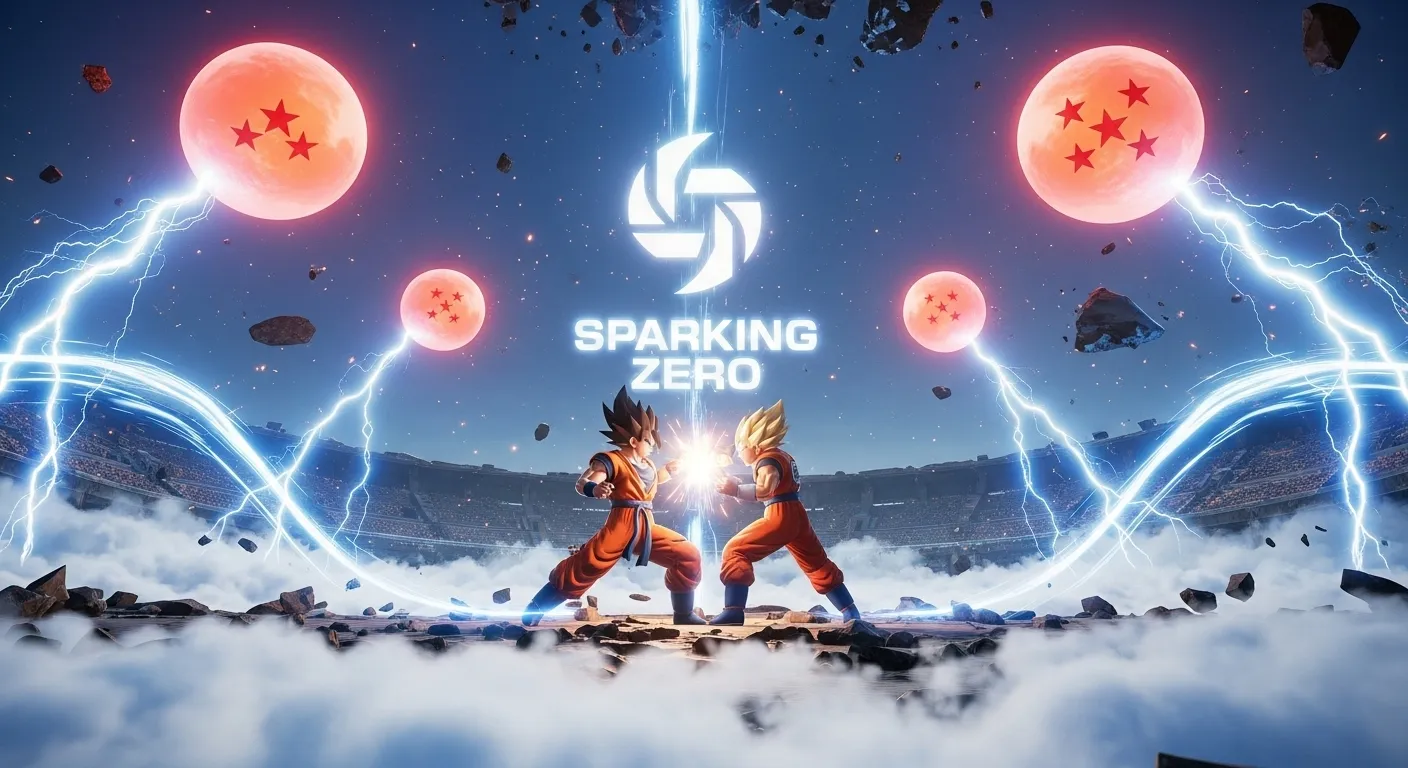 Goku vs Vegeta battle in shattered sky arena with lightning and Unreal Engine 5 effects.