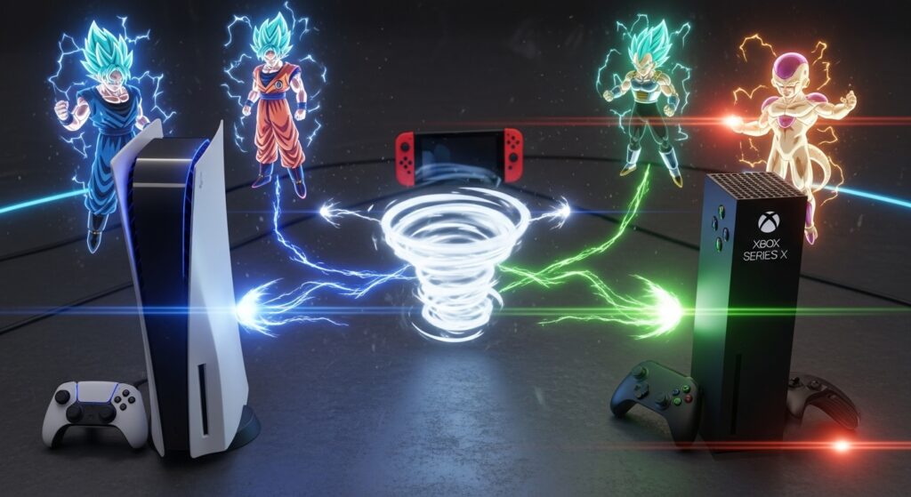 Cinematic representation of Dragon Ball Sparking Zero crossplay connection between gaming platforms