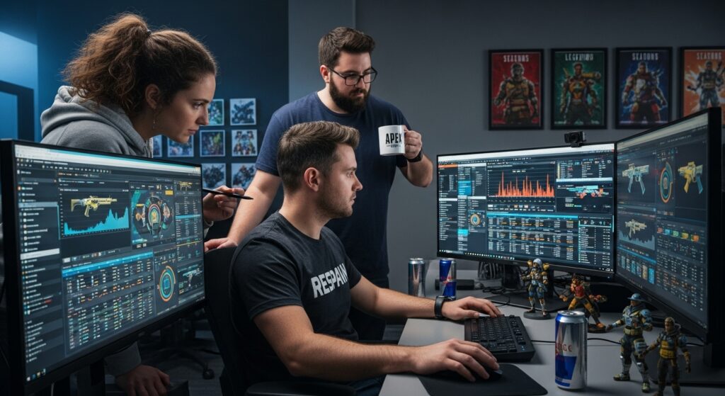Apex Legends developers reviewing balance data and charts on monitors.