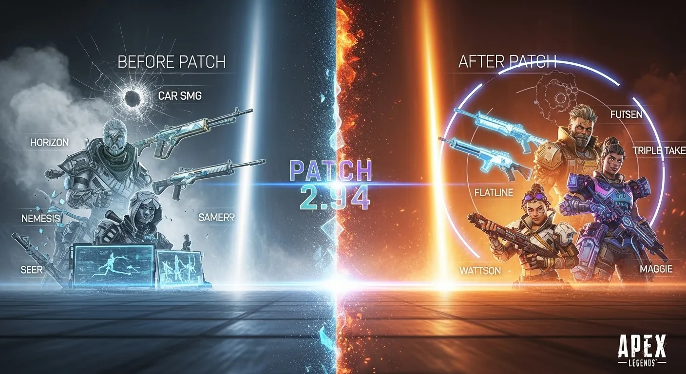 Apex Legends Season 21 feature image showing old and new legends with weapon changes across patch 2.94.